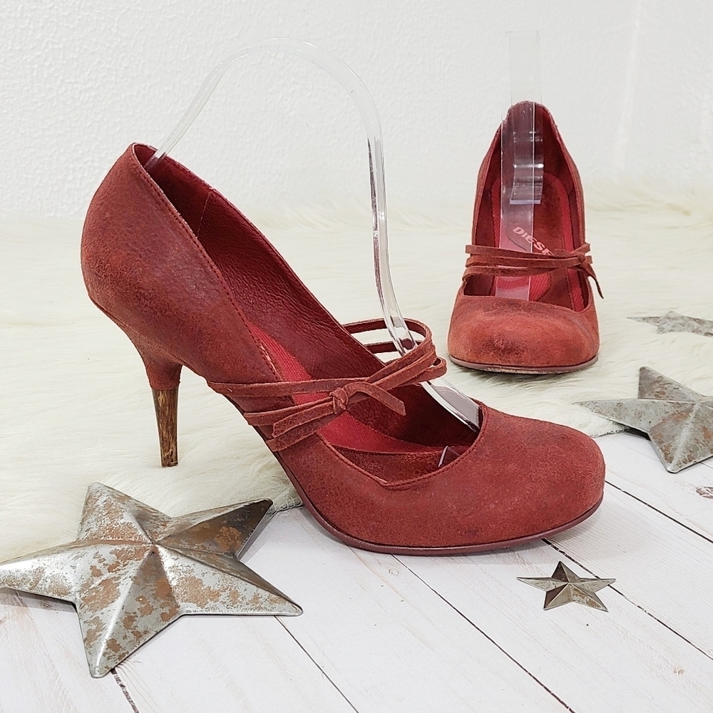 Diesel distressed red leather heels wood stiletto heel